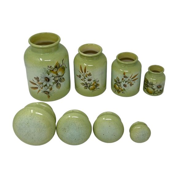 Country Charm Set of 4 Canisters Avocado Green Blue Mountain Pottery Canada 1980 - Picture 5 of 16